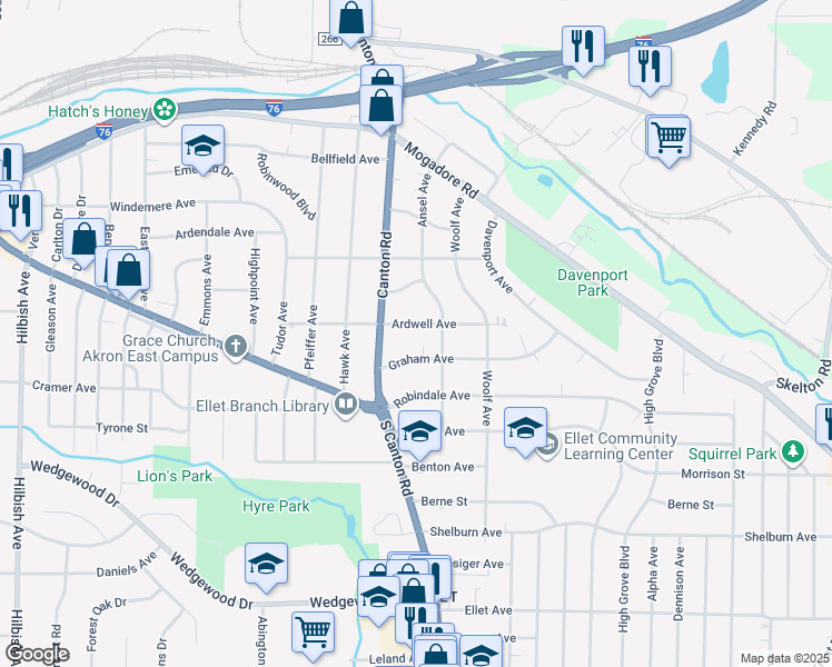 map of restaurants, bars, coffee shops, grocery stores, and more near 2511 Ardwell Avenue in Akron