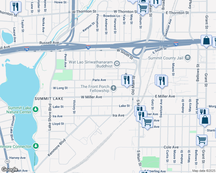 map of restaurants, bars, coffee shops, grocery stores, and more near 96 Paris Avenue in Akron