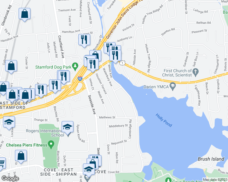 map of restaurants, bars, coffee shops, grocery stores, and more near 78 Waterbury Avenue in Stamford