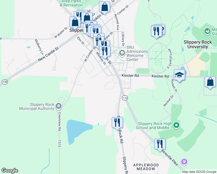 map of restaurants, bars, coffee shops, grocery stores, and more near 102 Fairview Drive in Slippery Rock