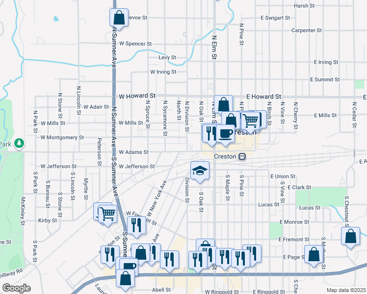 map of restaurants, bars, coffee shops, grocery stores, and more near 500 West Montgomery Street in Creston