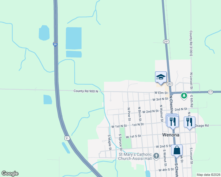 map of restaurants, bars, coffee shops, grocery stores, and more near 642 West Elm Road in Wenona