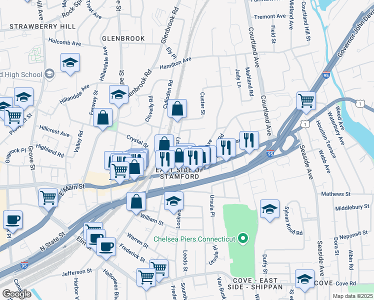 map of restaurants, bars, coffee shops, grocery stores, and more near 40 Grant Avenue in Stamford