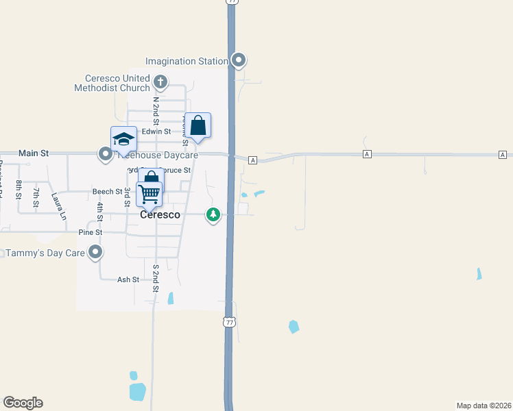 map of restaurants, bars, coffee shops, grocery stores, and more near 440 East Elm Street in Ceresco