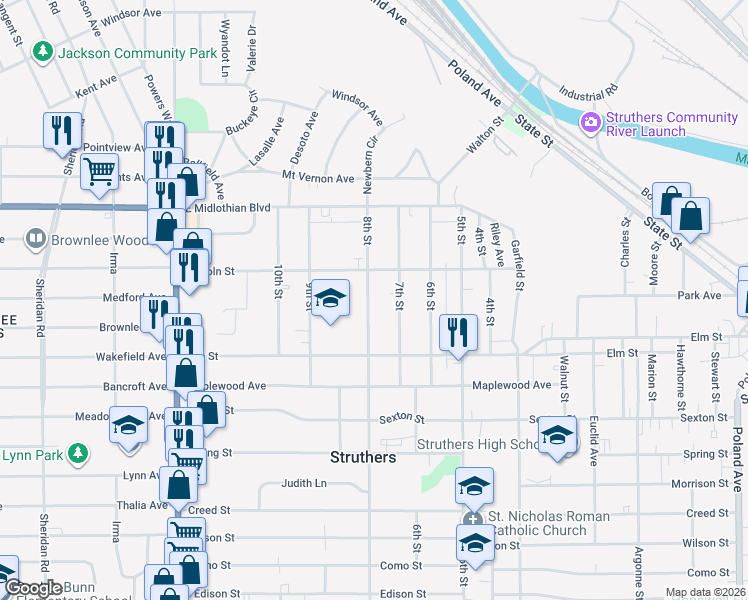 map of restaurants, bars, coffee shops, grocery stores, and more near 490 8th Street in Struthers