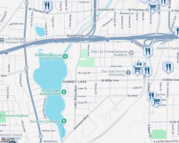 map of restaurants, bars, coffee shops, grocery stores, and more near 350 Paris Avenue in Akron