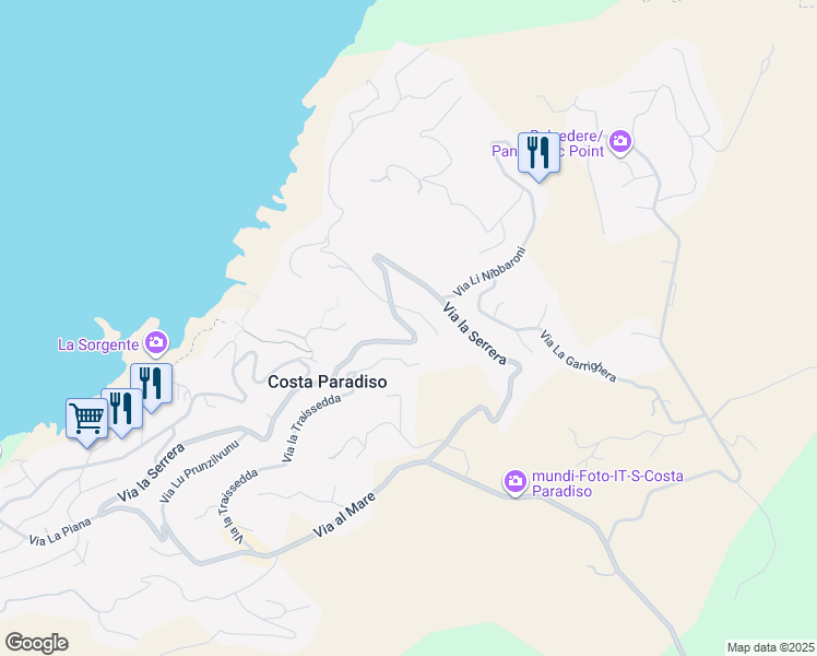 map of restaurants, bars, coffee shops, grocery stores, and more near 75 Via la Serrera in Costa Paradiso