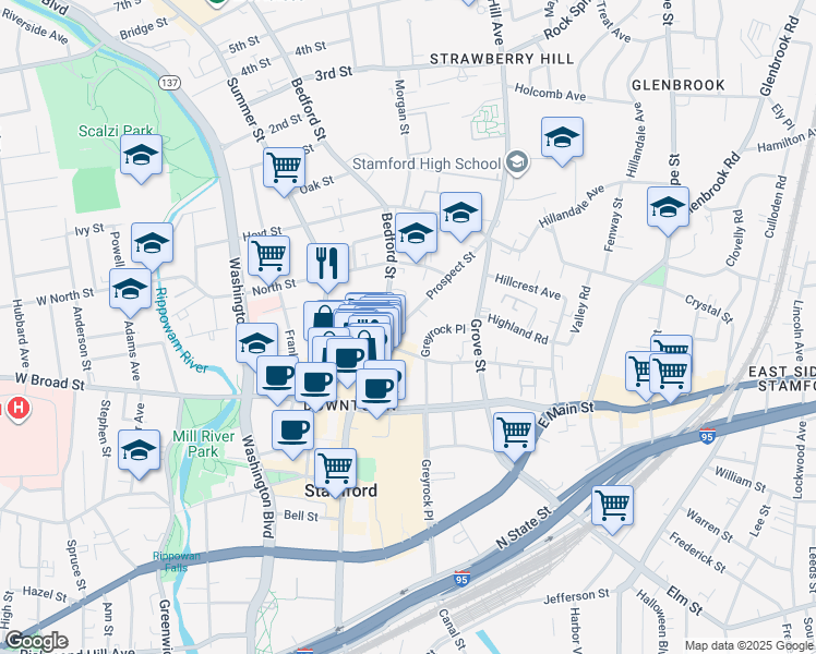 map of restaurants, bars, coffee shops, grocery stores, and more near 99 Prospect Street in Stamford