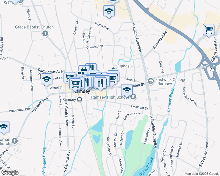 map of restaurants, bars, coffee shops, grocery stores, and more near 160 East Main Street in Ramsey