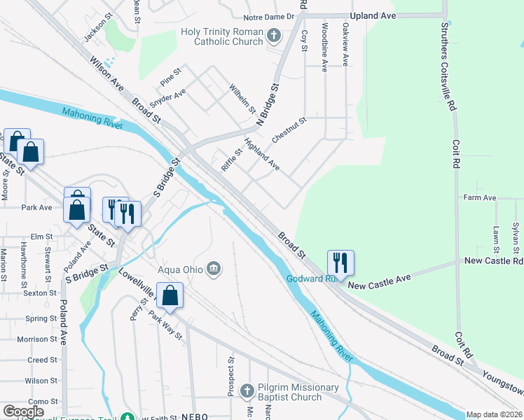 map of restaurants, bars, coffee shops, grocery stores, and more near 282 Broad Street in Struthers
