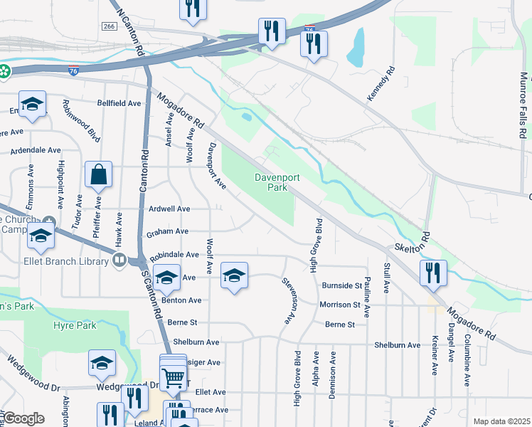 map of restaurants, bars, coffee shops, grocery stores, and more near 2756 Mogadore Road in Akron