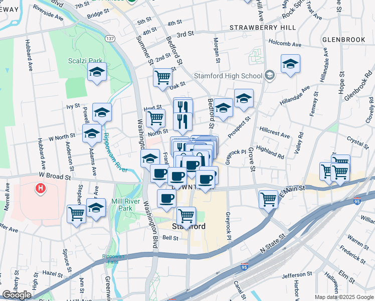 map of restaurants, bars, coffee shops, grocery stores, and more near 707 Summer Street in Stamford