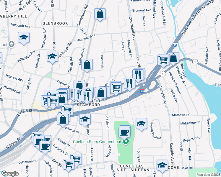 map of restaurants, bars, coffee shops, grocery stores, and more near 73 Seaton Road in Stamford