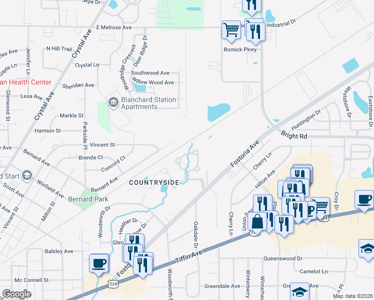 map of restaurants, bars, coffee shops, grocery stores, and more near 1464 Plum Creek Drive in Findlay