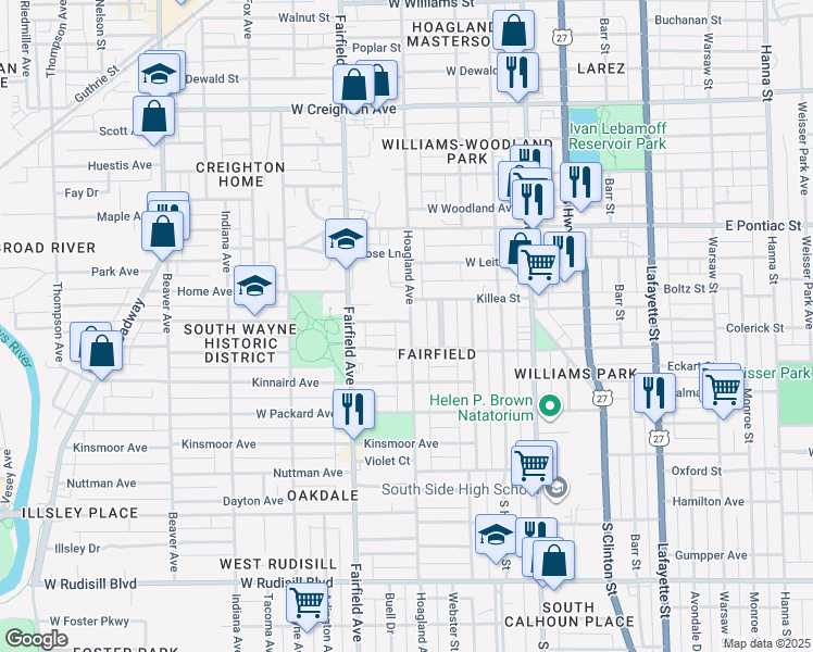 map of restaurants, bars, coffee shops, grocery stores, and more near 3004 Hoagland Avenue in Fort Wayne