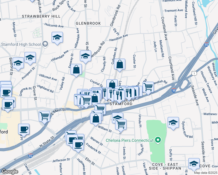 map of restaurants, bars, coffee shops, grocery stores, and more near 45 Culloden Road in Stamford