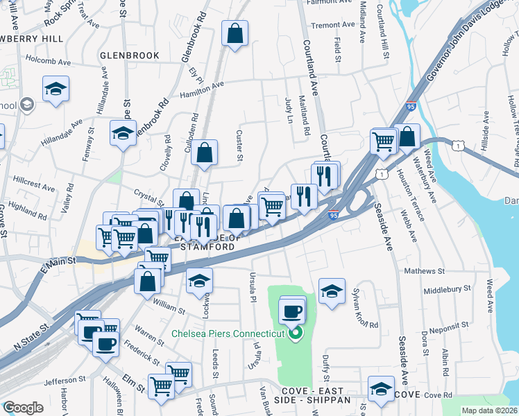 map of restaurants, bars, coffee shops, grocery stores, and more near 73 Seaton Road in Stamford