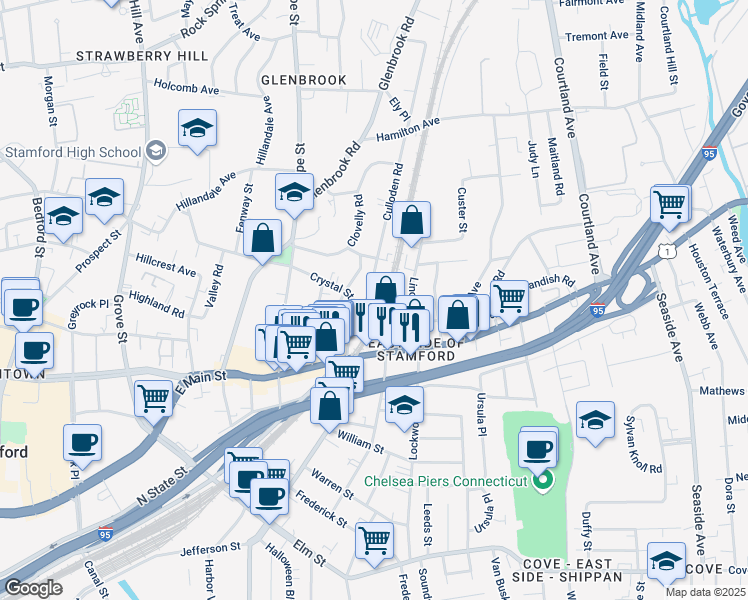 map of restaurants, bars, coffee shops, grocery stores, and more near 45 Culloden Road in Stamford