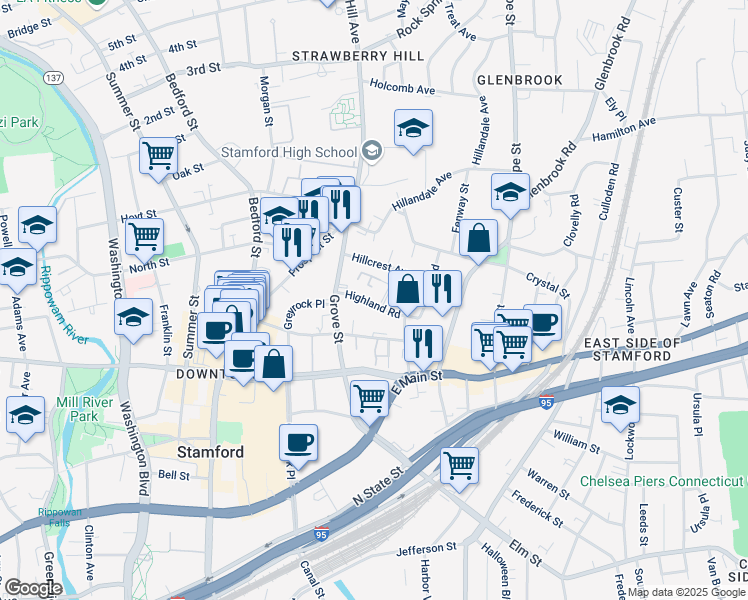 map of restaurants, bars, coffee shops, grocery stores, and more near 18 Highland Road in Stamford