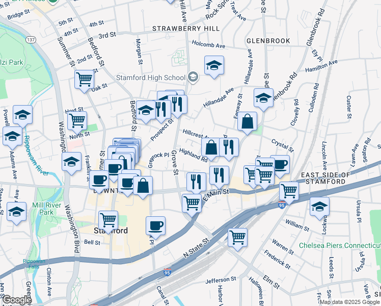 map of restaurants, bars, coffee shops, grocery stores, and more near 18 Highland Road in Stamford