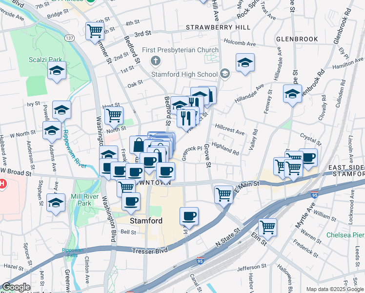 map of restaurants, bars, coffee shops, grocery stores, and more near 77 Prospect Street in Stamford
