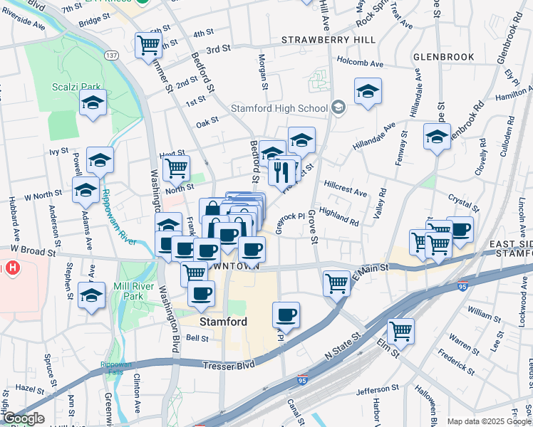 map of restaurants, bars, coffee shops, grocery stores, and more near 289 Bedford Street in Stamford
