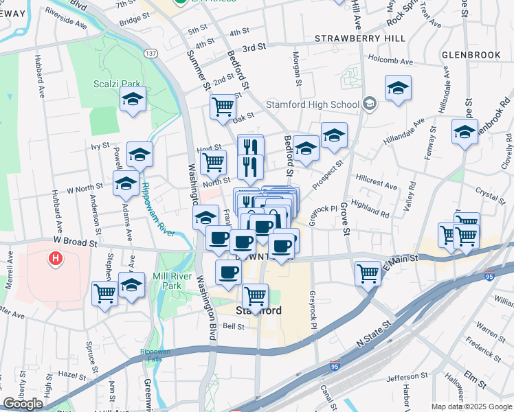 map of restaurants, bars, coffee shops, grocery stores, and more near 707 Summer Street in Stamford