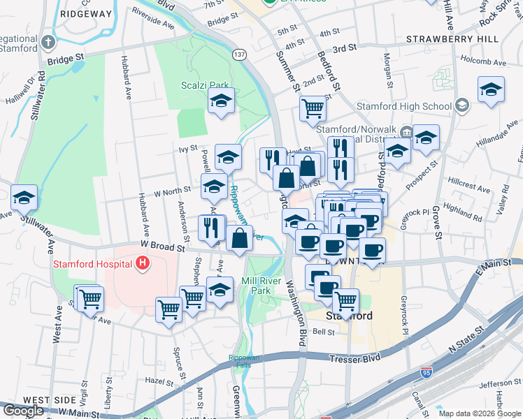 map of restaurants, bars, coffee shops, grocery stores, and more near 35 Vernon Place in Stamford