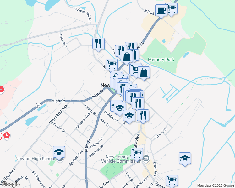 map of restaurants, bars, coffee shops, grocery stores, and more near in Newton