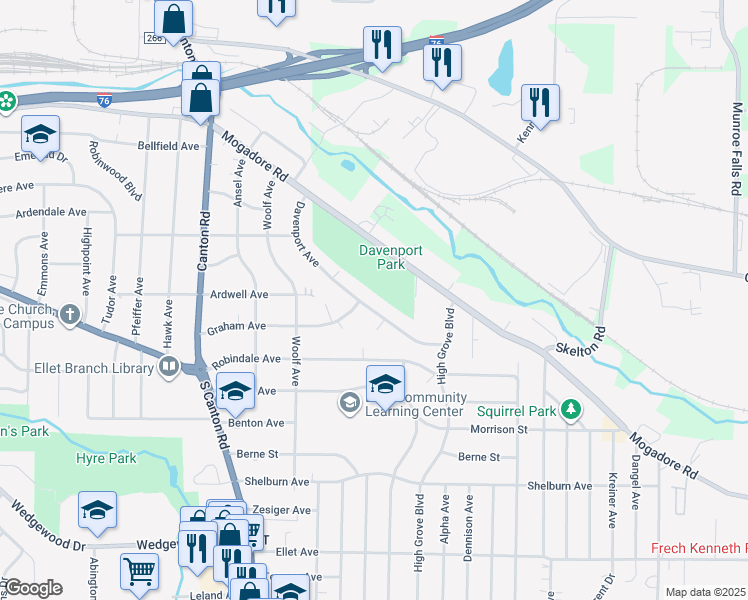 map of restaurants, bars, coffee shops, grocery stores, and more near 2756 Mogadore Road in Akron
