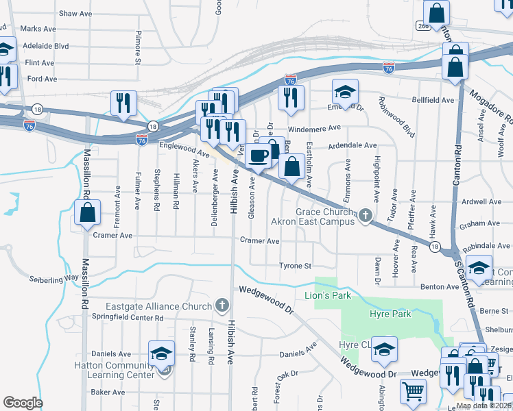 map of restaurants, bars, coffee shops, grocery stores, and more near 176 Prairie Drive in Akron