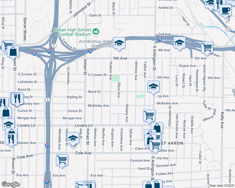 map of restaurants, bars, coffee shops, grocery stores, and more near 895 Baird Street in Akron