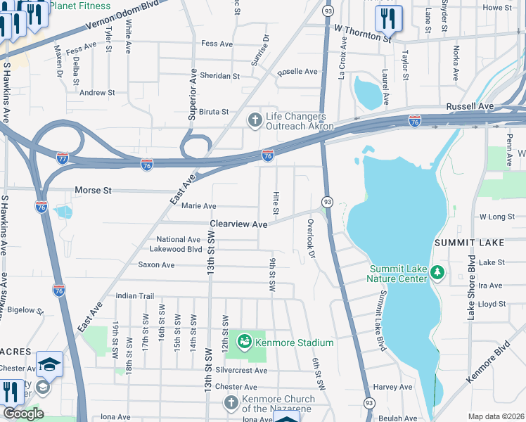 map of restaurants, bars, coffee shops, grocery stores, and more near 1484 Hite Street in Akron