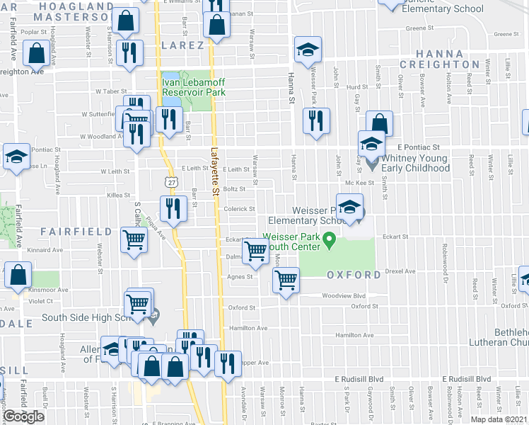 map of restaurants, bars, coffee shops, grocery stores, and more near 2926 Monroe Street in Fort Wayne