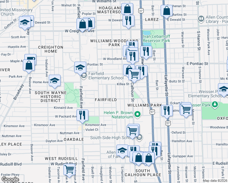 map of restaurants, bars, coffee shops, grocery stores, and more near 2913 Webster Street in Fort Wayne