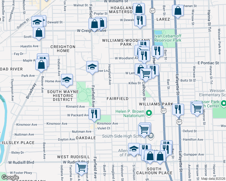 map of restaurants, bars, coffee shops, grocery stores, and more near 2916 Shawnee Drive in Fort Wayne