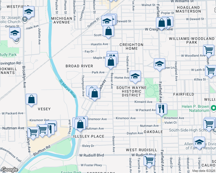 map of restaurants, bars, coffee shops, grocery stores, and more near 1026 Cottage Avenue in Fort Wayne