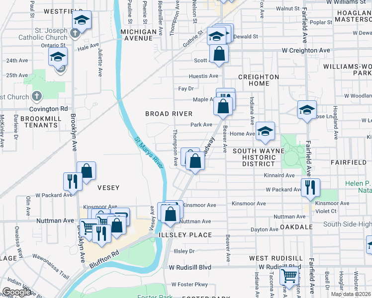 map of restaurants, bars, coffee shops, grocery stores, and more near 1305 Home Avenue in Fort Wayne