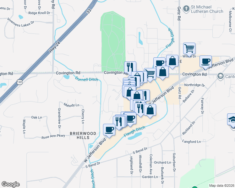 map of restaurants, bars, coffee shops, grocery stores, and more near 6725 Quail Ridge Lane in Fort Wayne