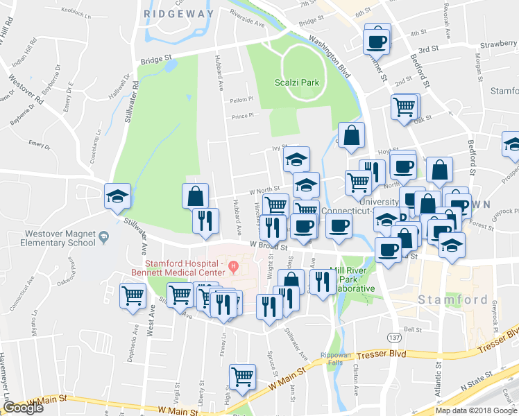 map of restaurants, bars, coffee shops, grocery stores, and more near 22 Hinckley Avenue in Stamford