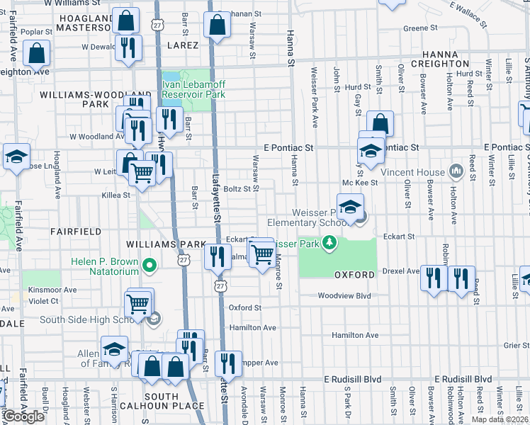 map of restaurants, bars, coffee shops, grocery stores, and more near 2926 Monroe Street in Fort Wayne