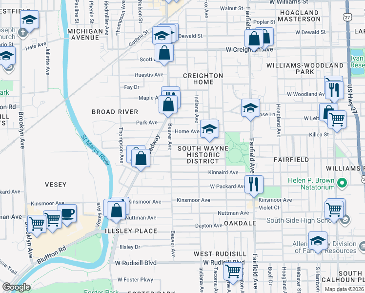 map of restaurants, bars, coffee shops, grocery stores, and more near 940 Cottage Avenue in Fort Wayne