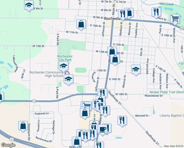 map of restaurants, bars, coffee shops, grocery stores, and more near Pontiac Street in Rochester