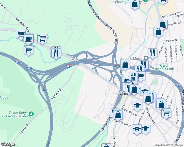 map of restaurants, bars, coffee shops, grocery stores, and more near 200 West Main Street in Elmsford