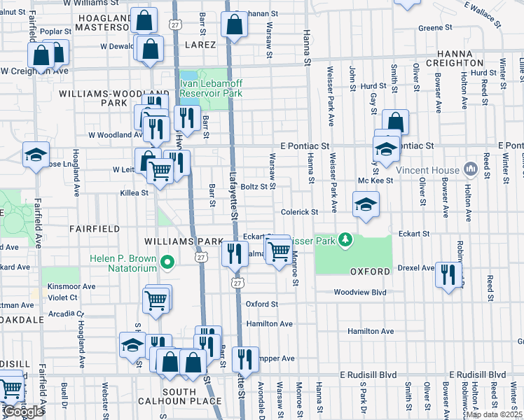 map of restaurants, bars, coffee shops, grocery stores, and more near 446 Colerick Street in Fort Wayne