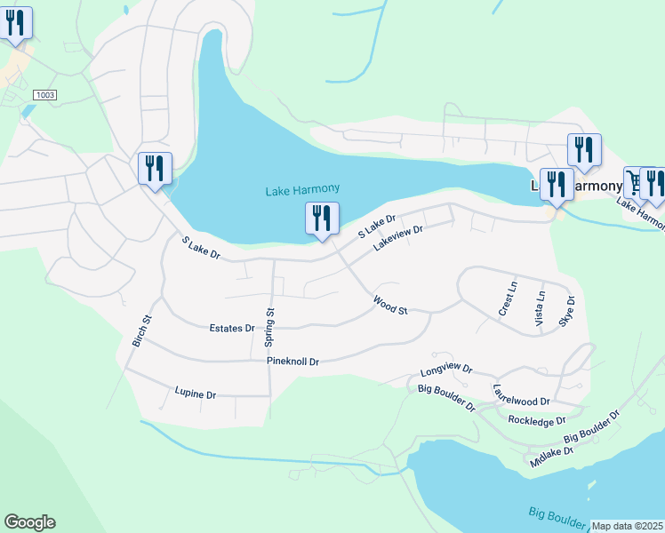 map of restaurants, bars, coffee shops, grocery stores, and more near 76 Lakeview Drive in Lake Harmony