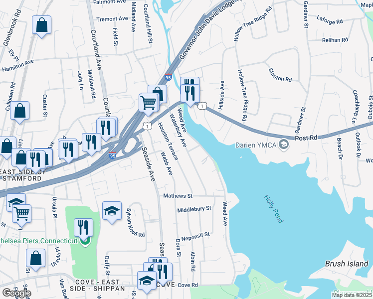 map of restaurants, bars, coffee shops, grocery stores, and more near 71 Waterbury Avenue in Stamford