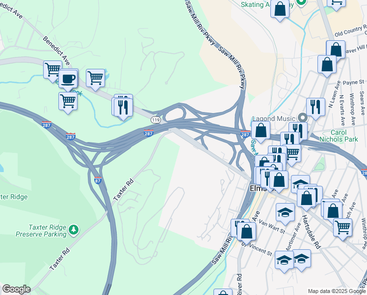 map of restaurants, bars, coffee shops, grocery stores, and more near 200 West Main Street in Elmsford