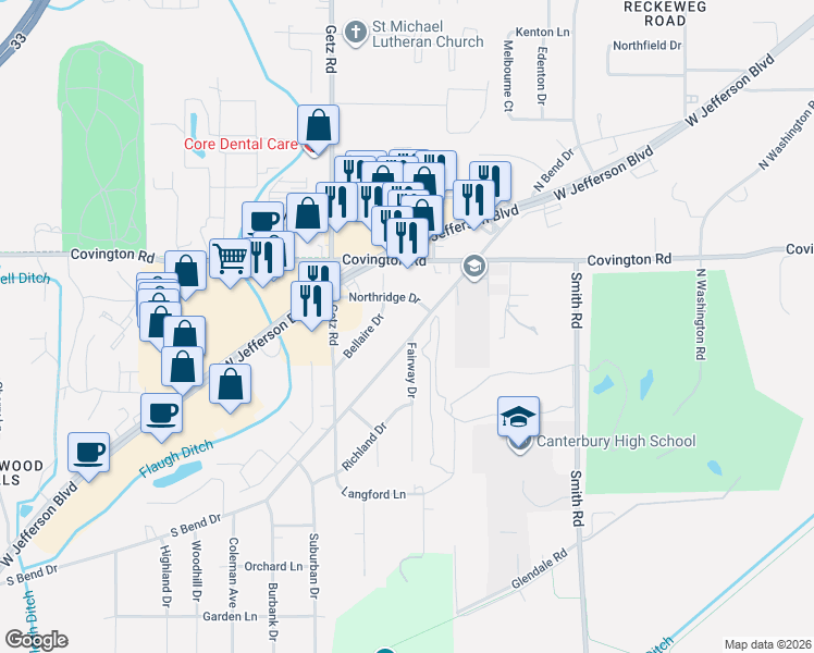 map of restaurants, bars, coffee shops, grocery stores, and more near 5628 South Bend Drive in Fort Wayne