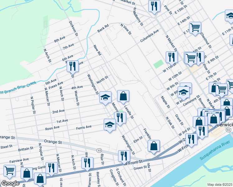 map of restaurants, bars, coffee shops, grocery stores, and more near 815 Lasalle Street in Berwick